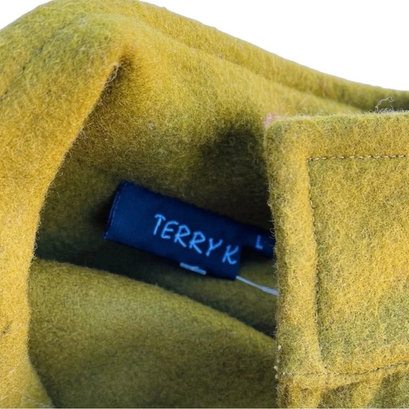 TERRY K Women’s Size L Mustard Boiled Wool Pocket Embroidered Poncho Jacket - Picture 4 of 4